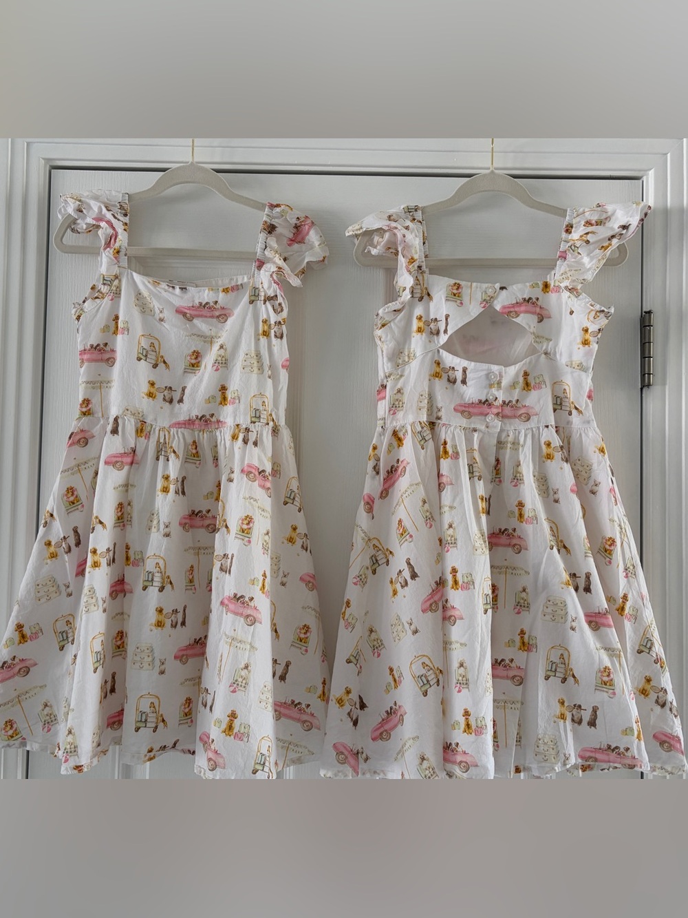 Twin Dresses Gray Malin x Janie and Jack White w/ Pink Vintage Puppy & Car Print